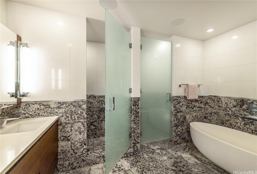 Primary bedroom ensuite featuring a soaking tub and shower