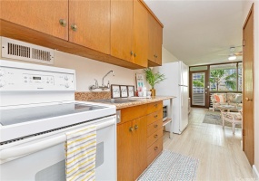 Kitchen view into living room. Beautiful atmosphere with the tree top views.