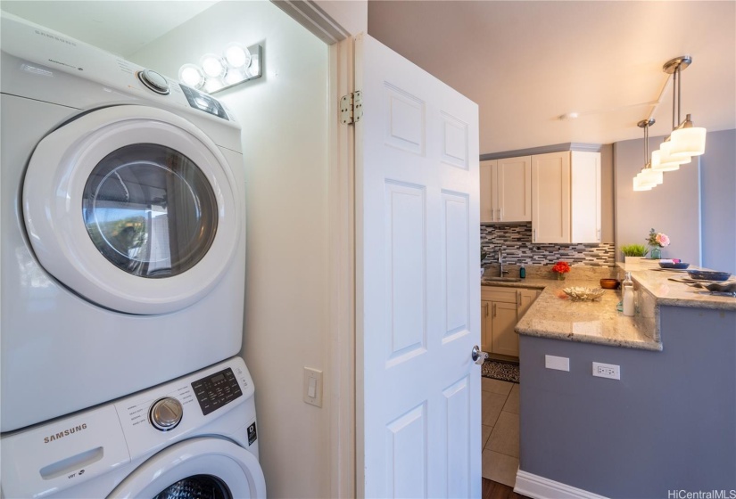 Stacked washer/dryer in the unit is so convenient.