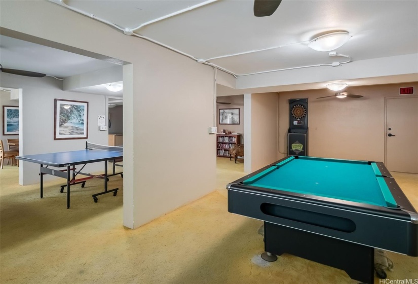 Recreation room with ample seating, kitchen, pool table, ping pong, darts, and a library