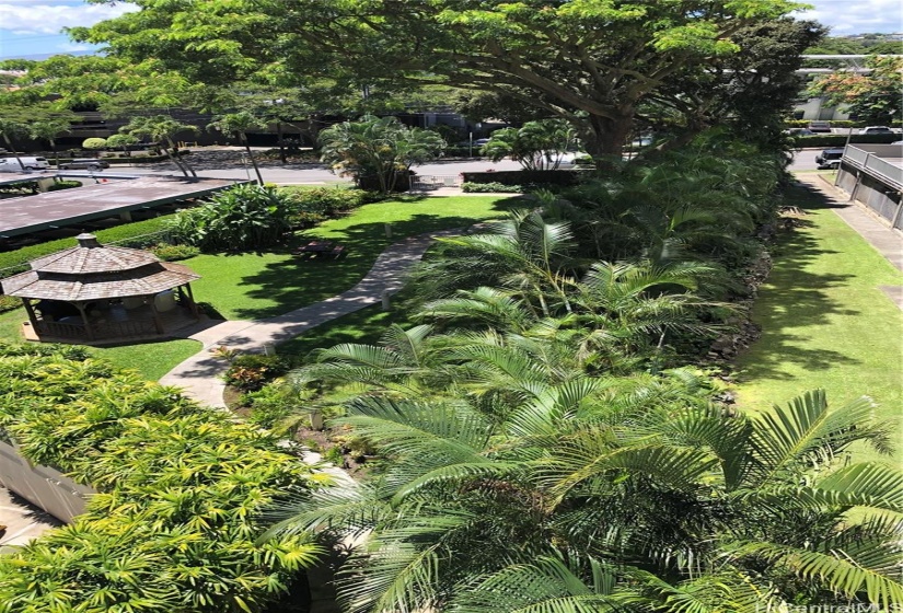 Walking path through private park towards Nuuanu Avenue gate entry