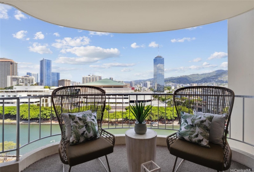 Roomy lanai overlooking the Ala Wai, partial view to the ocean and mountains, and toward Ala Moana and Downtown Honolulu