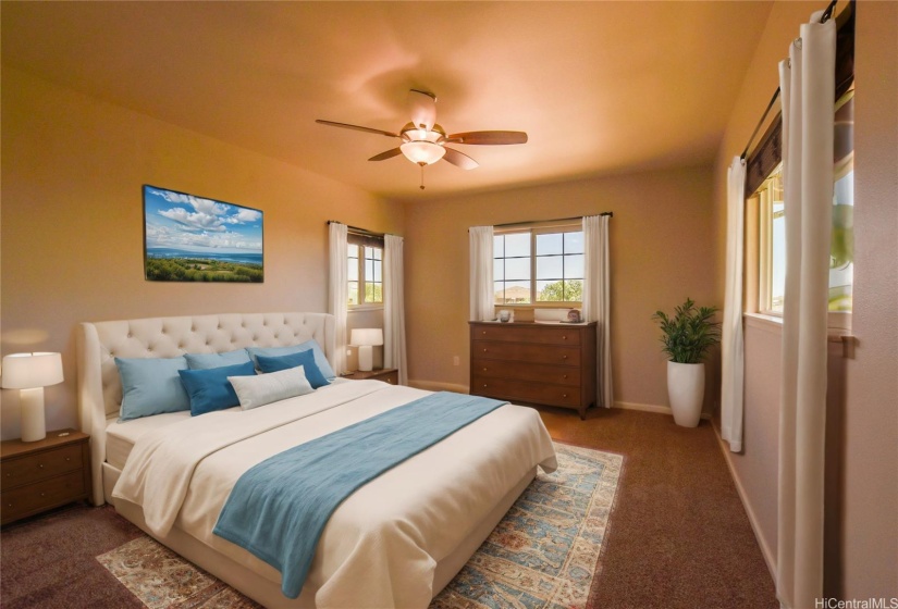 2nd Floor Bedroom 4 Virtually Staged with views of the ocean.