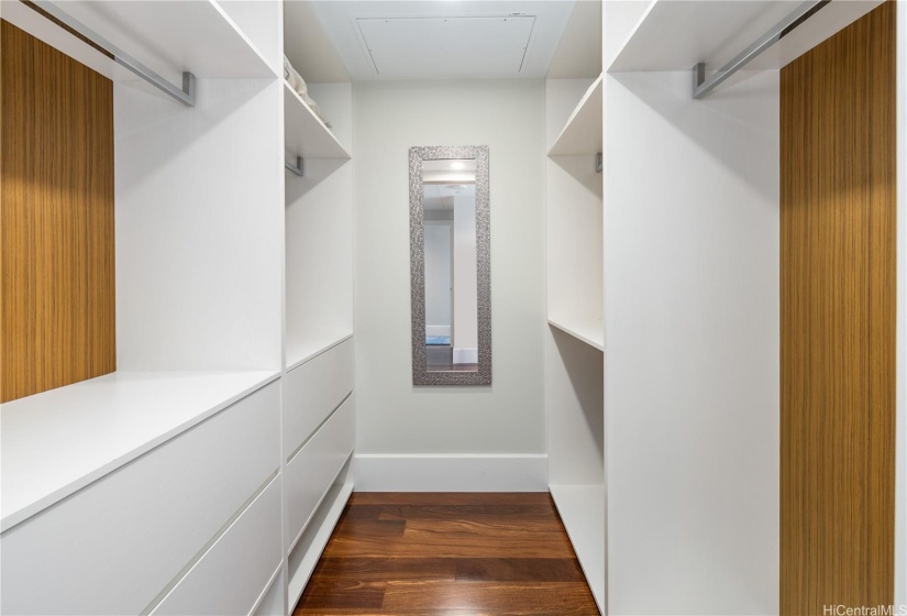 Incredible walk-in closet with built ins and teak accents