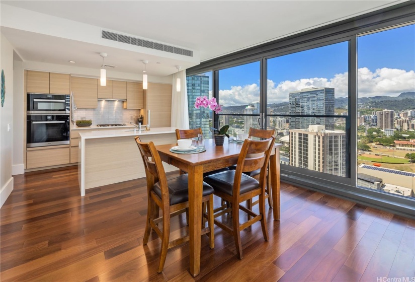 Beautiful double sliding doors open to a Juliet balcony from your dining area