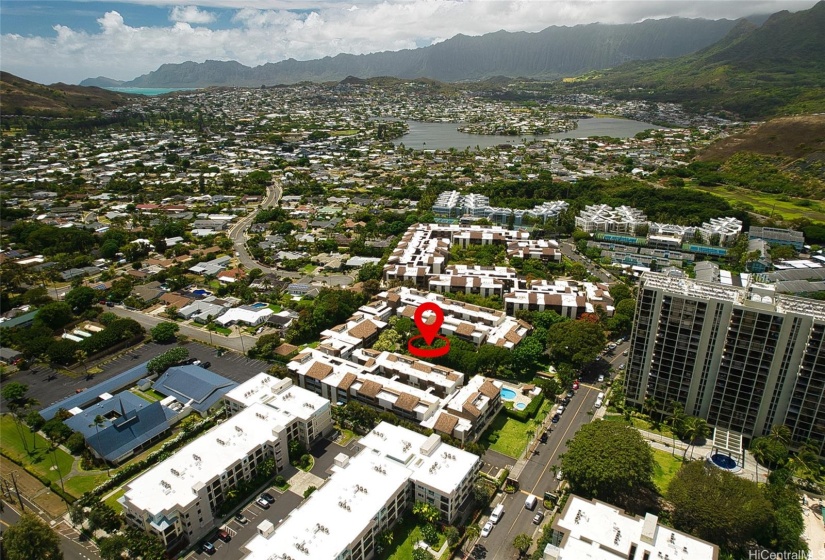 Enchanted lake pictured in the distance and the beautiful Koolau Mountain Range.