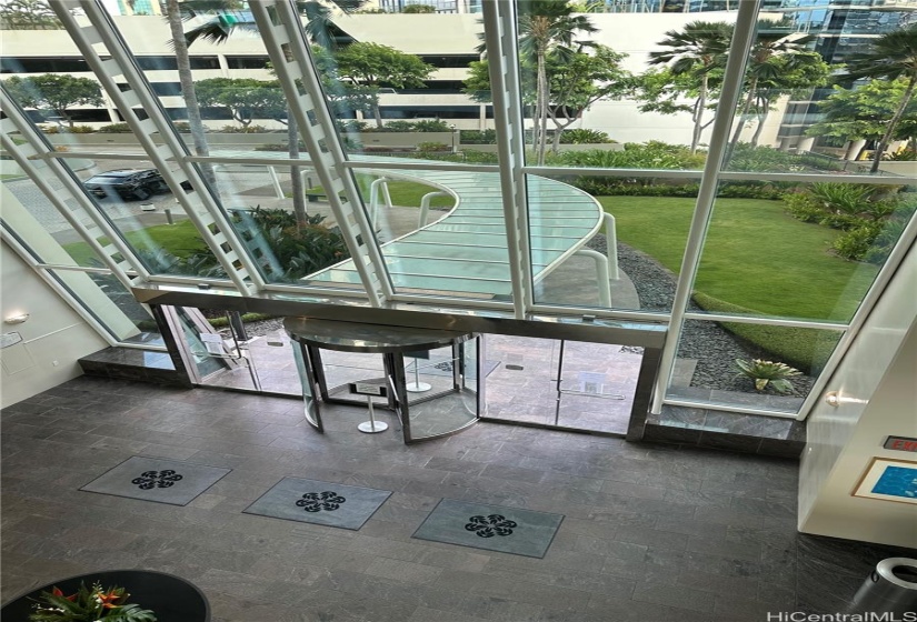 Floor to ceiling windows in lobby