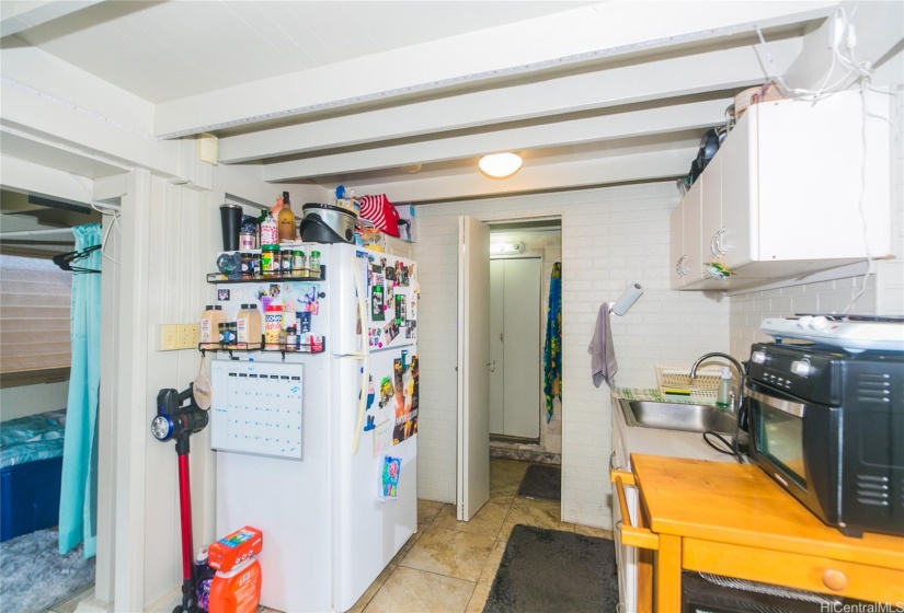 In the finished basement, the bathroom beyond