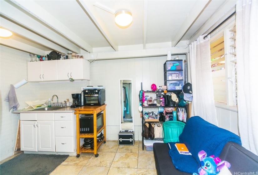 In the finished basement, a view of the living area