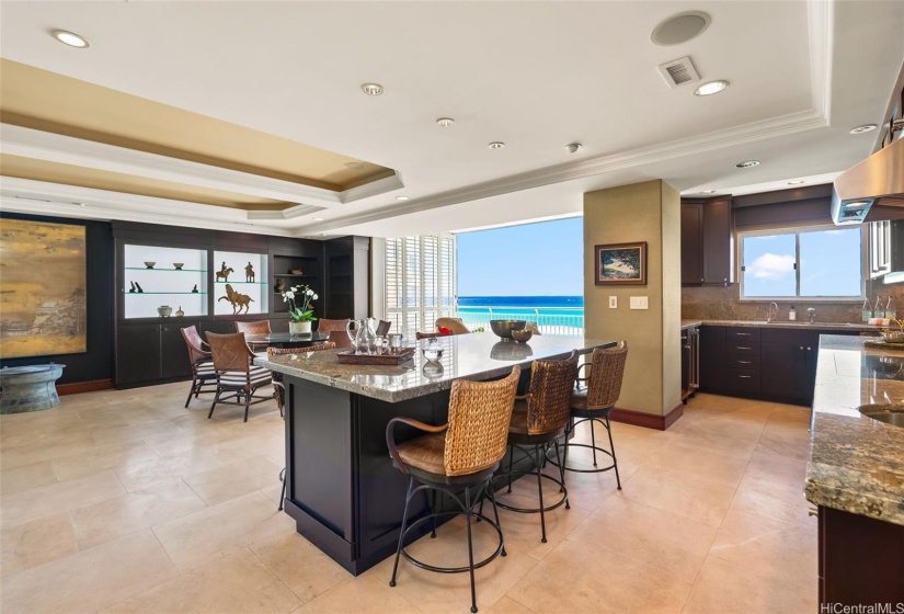 Expansive kitchen with breakfast bar and ocean views