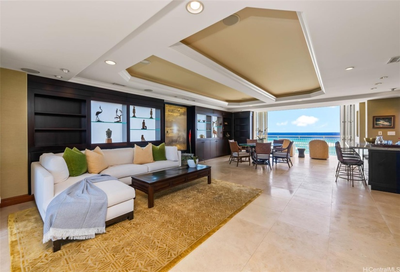 Living room with a view of the dining area looking towards the ocean