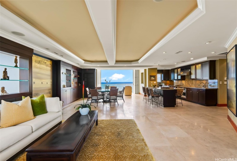 Another view of the living area with natural stone flooring, high soffitted ceilings with central air-conditioning and lots of custom display shelves and art niches.