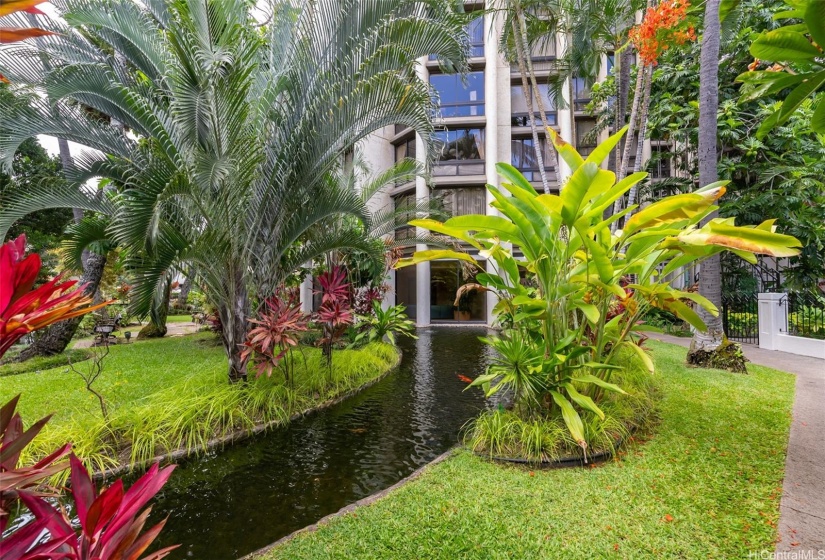 The two towers are beautifully landscaped with lush gardens, walking paths and koi ponds