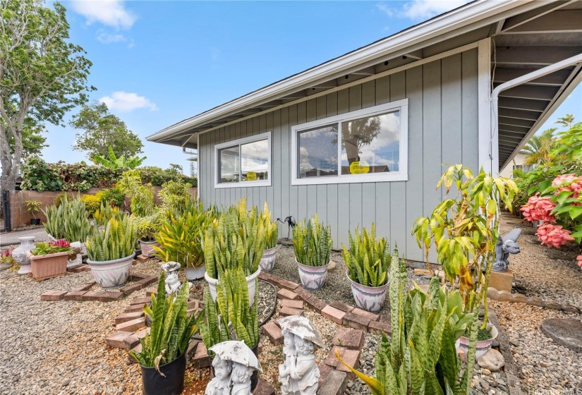 Landscaped area for plant lovers next to carport