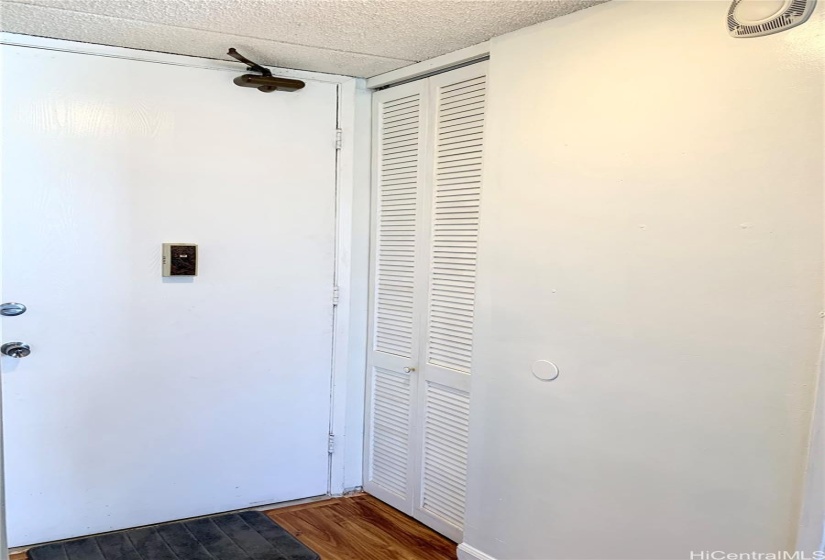 Front door with storage closet behind the door