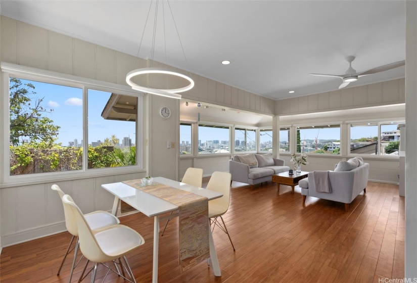 View from the dining area to the living room towards the Honolulu skyline.