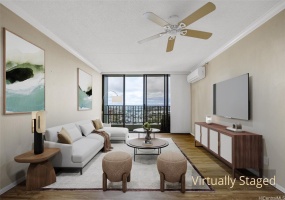 Living area with city, harbor, and ocean views.