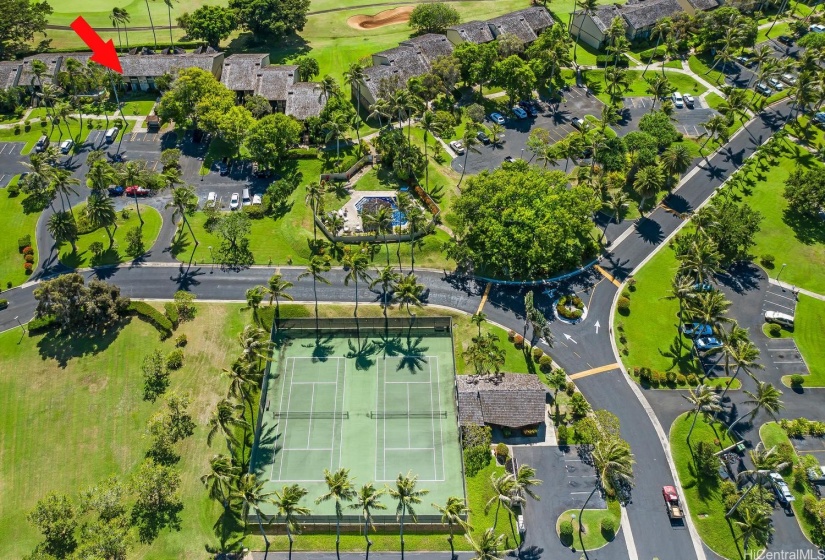 The tennis court is just across from the townhome