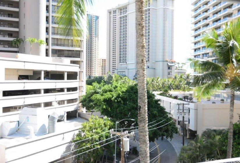 Enclosed lanai looking out on Ena road towards Hilton Hawaiian Village