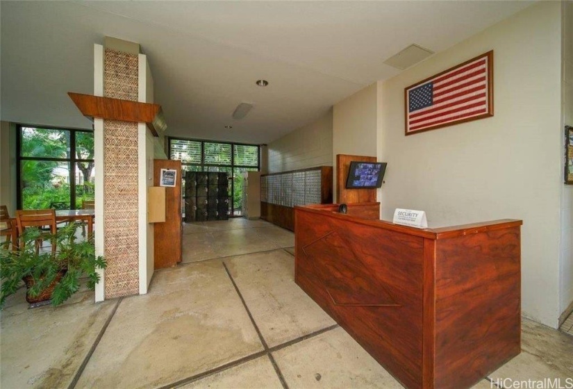 Security guard's desk in main lobby