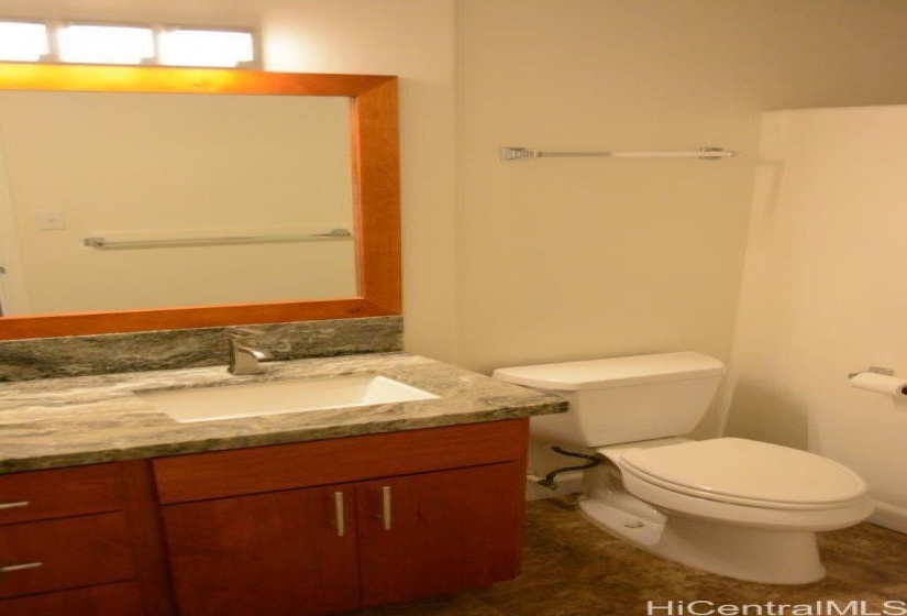 Bathroom vanity shows matching cabinets as in kitchen