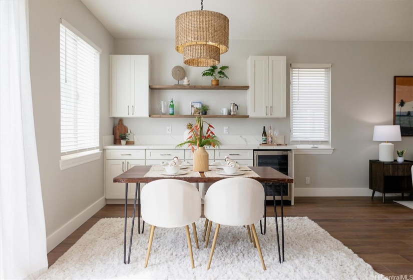 Dining room with dry bar and wine fridge