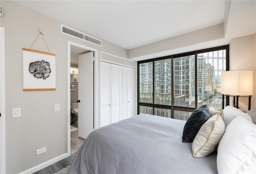 Another view showing the closet and bathroom entry.