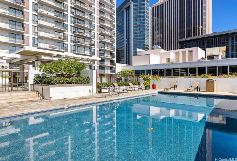 Another view of the pool, showing the Town Tower behind.