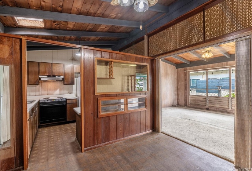 Kitchen, dining area and living room