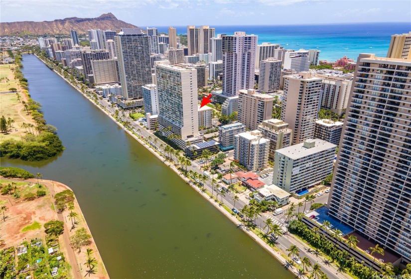 Aerial View showing Ala Wai canal and Waikiki