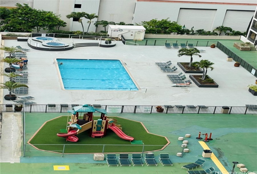 Pool, jacuzzi and playground view