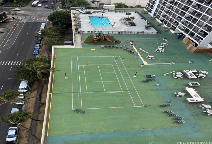 Tennis court and recreation area.