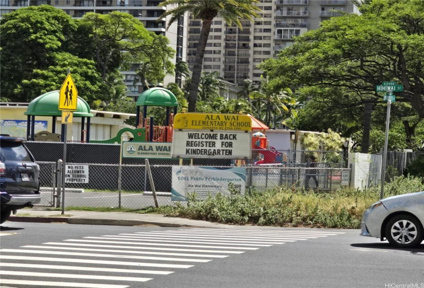 At the end of the block heading towards the ocean (makai) is Ala Wai Elementary School.