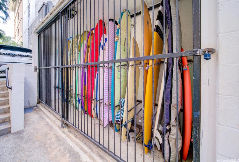 One of THREE surfboard storage areas