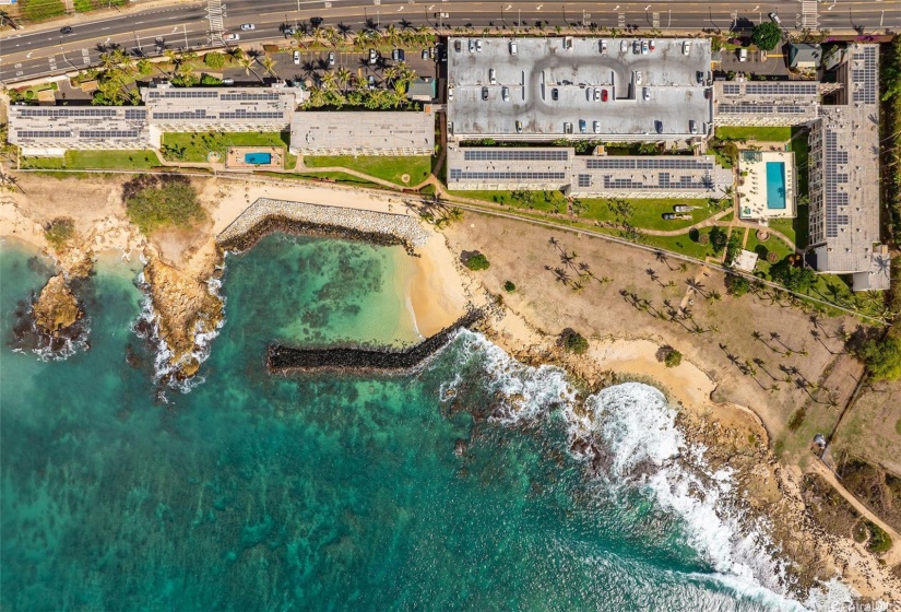 Stunning aerial views of the ocean and lagoon at Makaha Surfside.