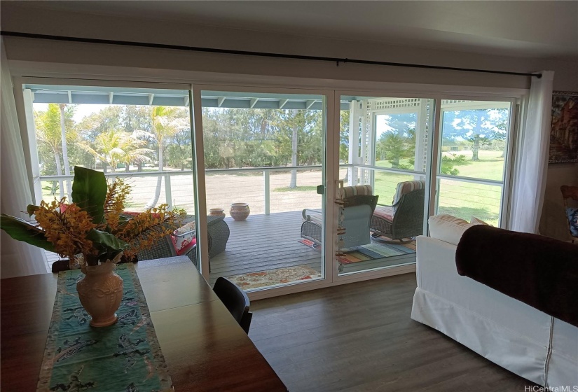 Image of the living room 16 foot sliding glass door, closed.