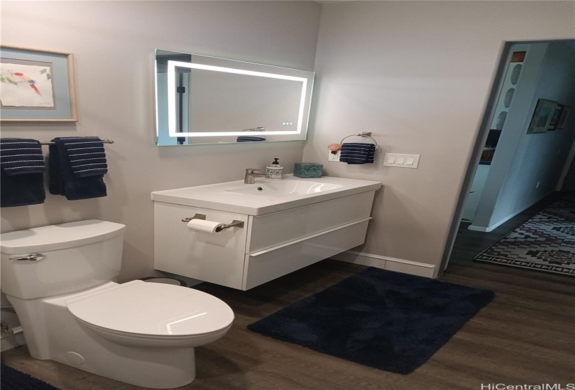 Bathroom #2 showing toilet, floating sink cabinet and integral lighted mirror.