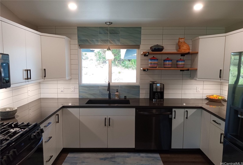 Kitchen close up centered, with sink and dishwasher.