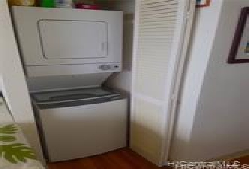 A full size washer and drier are in a closet.