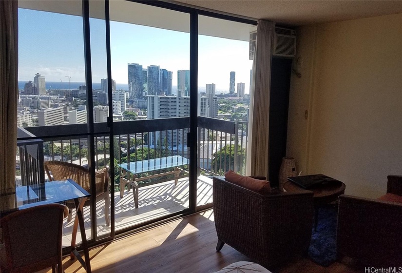 Views of the ocean from the desk and the living room.