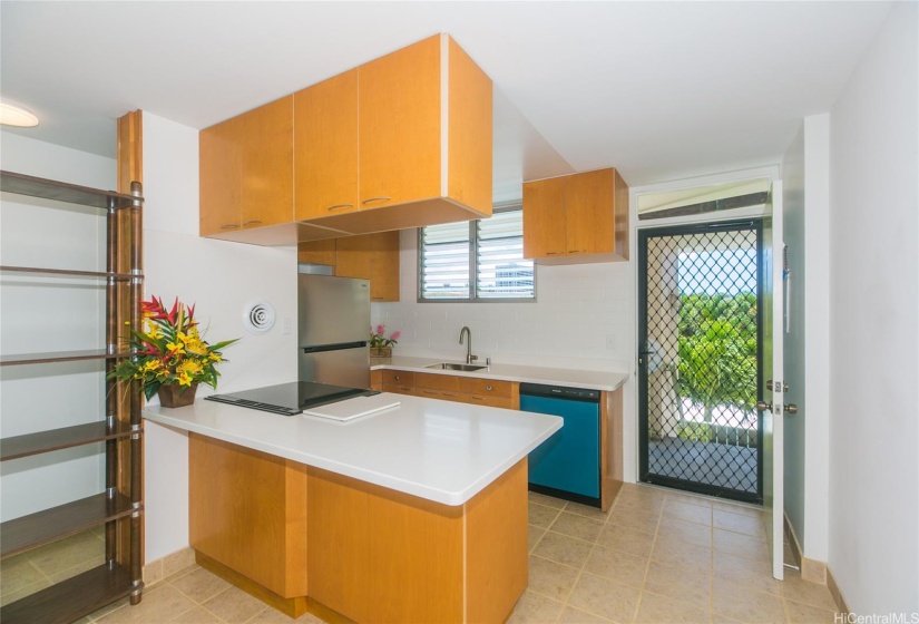 A closer look at the extra large counter space for your culinary creations..  There is a kitchen vent fan built-in at the wall allowing a much larger view channel throughout the home.