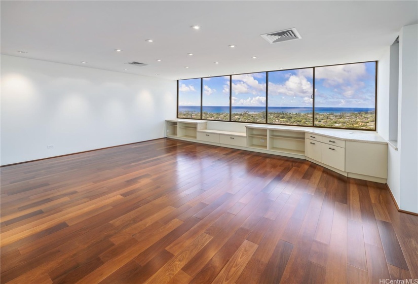 Living room views and built in storage.