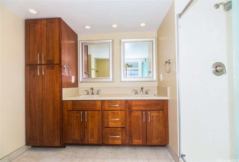 Fabulous renovated bathroom with double sinks and plenty of cabinet space