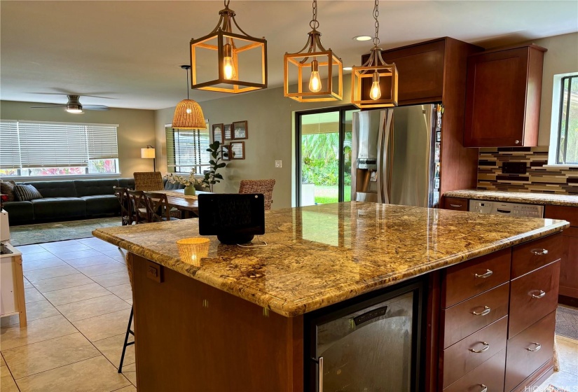 Kitchen island with wine cooler.