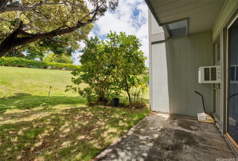 Back of home lined with greens which provide shade.