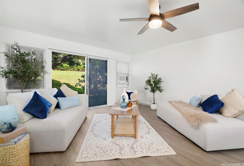 Newly installed ceiling fan and Window AC for those warm summer months.