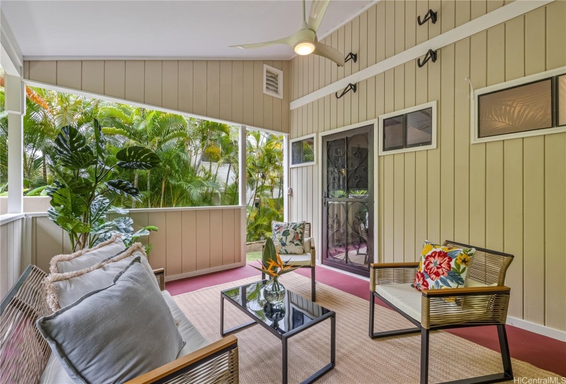 Ceiled porch accessible from family room and laundry room