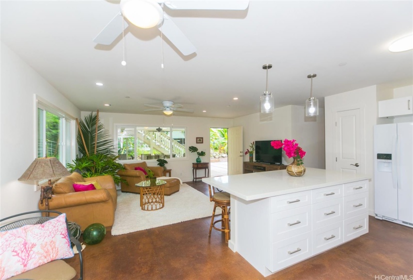 Downstairs kitchen looking out to patio or carport