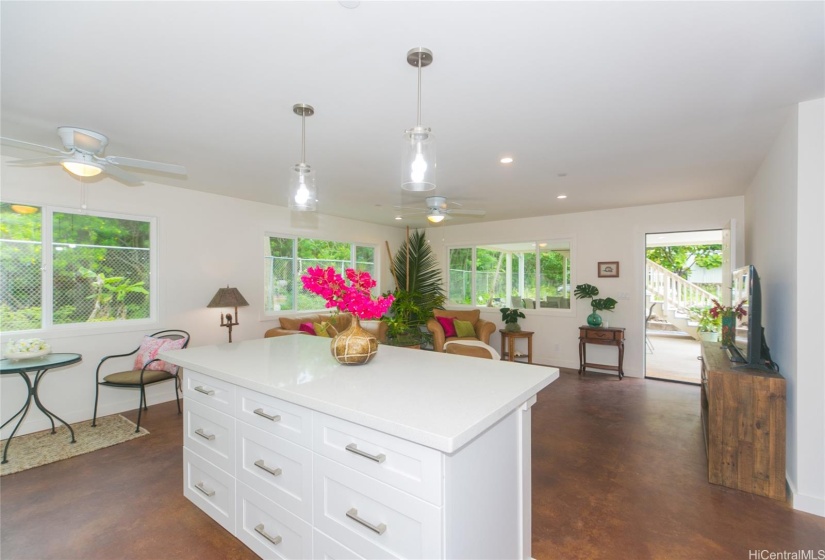 Kitchen looking out to living room and back City and County easement