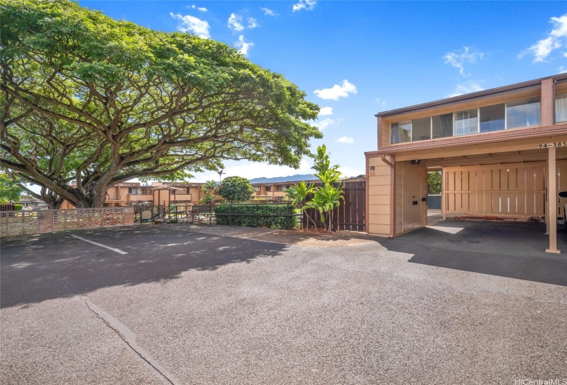 Carport to the right with storage closet and an open stall to the left, right next to your home